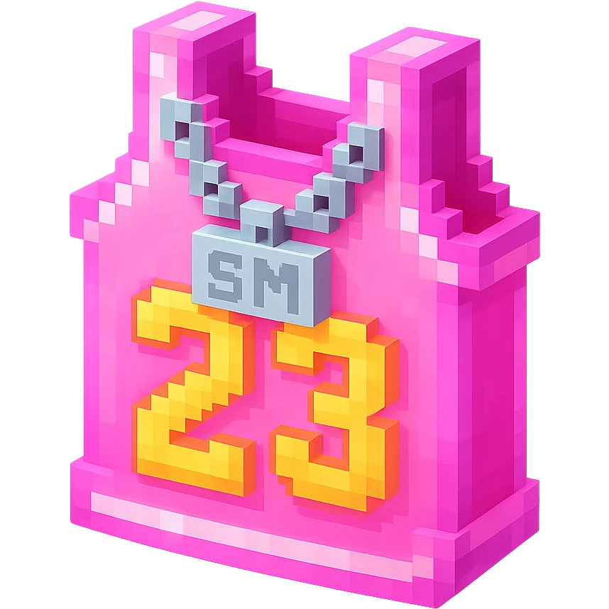 светящейся розовая баскетбольная майка с надписью "23" и серебряная цепь с надписью "SM", no background emoji