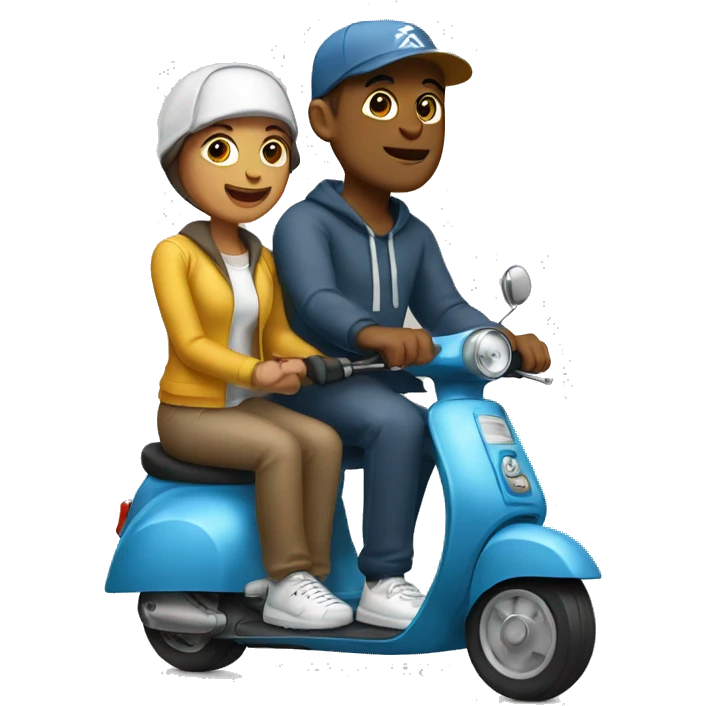 man and woman sitting on a scooter wearing   sweatpants and caps emoji