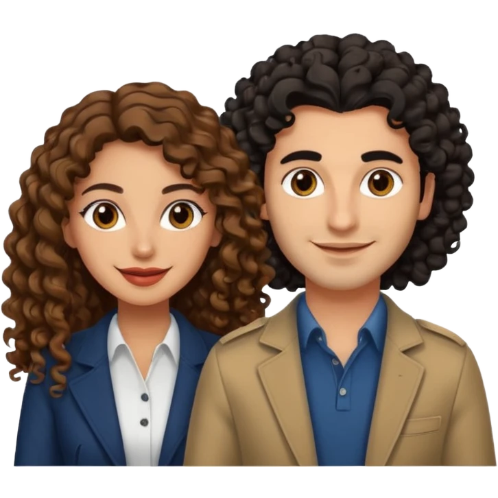 A Lebanese women with long brown hair and an Italian man with curly black hair looking at the camera smiling wearing nice modern but stylish clothing emoji