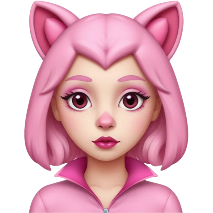 A woman dressed as a pink panther with soft pink skin, big expressive eyes, and glossy lips has a calm, pouty look. Pink animal ears and subtle heart details give her a sweet, playful vibe emoji