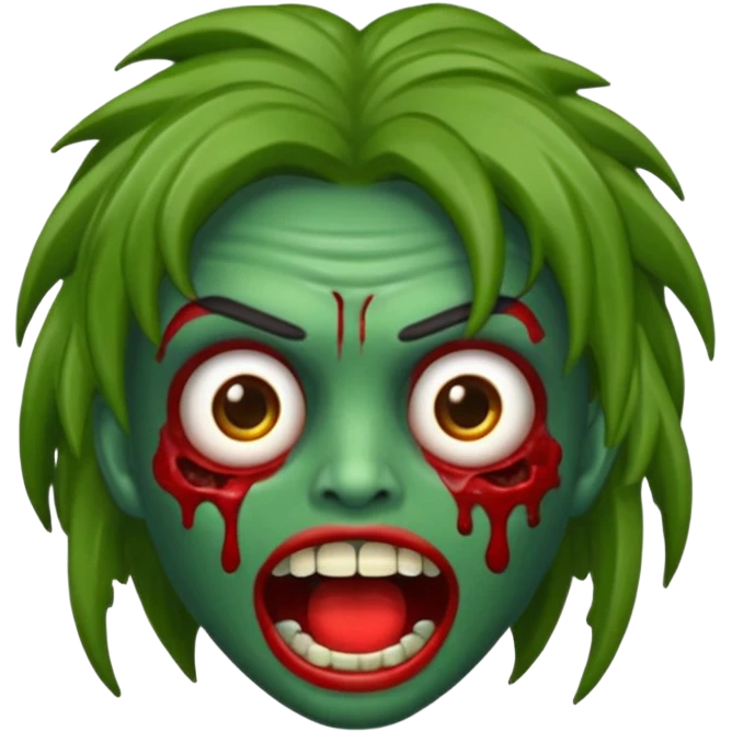 emoji de zumbi estilo WhatsApp, cabeça verde, cabelo cacheado vermelho volumoso, olhos brancos brilhando, expressão divertida e assustadora, cartoon, linhas limpas, fundo transparente, qualidade alta emoji