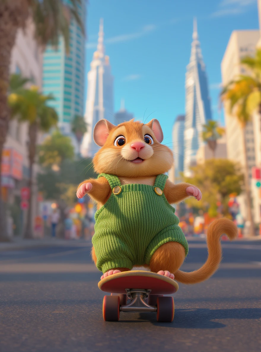Disney style Cinematic still scane, Low angle shot, hamster dress in green outfit, monkey ride on skateboard, san francisno downtown with city lanscape, blue clean sky, captured by ARRI Alexa XT, soft cinematic lightning, back light, inspired by ToyStory 4 emoji