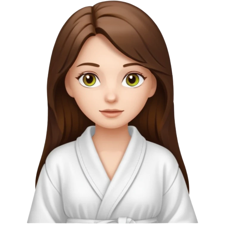 white long brunette hair girl with hazel eyes in a bathrobe  at the spa emoji