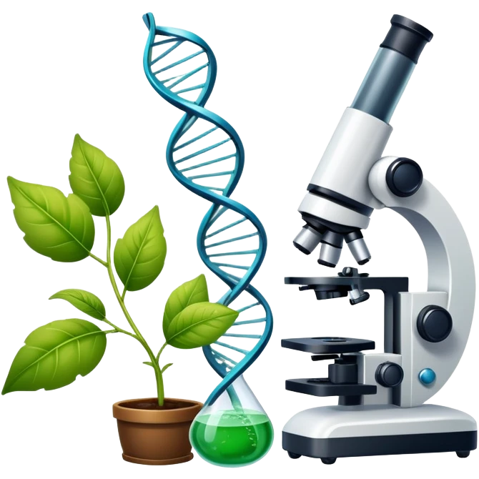 An icon featuring a DNA helix, a microscope, and a plant leaf, symbolizing biology. The design includes animal cells, a test tube, representing the study of life forms, ecosystems, and genetics. Transparent background highlights the exploration of living organisms. emoji