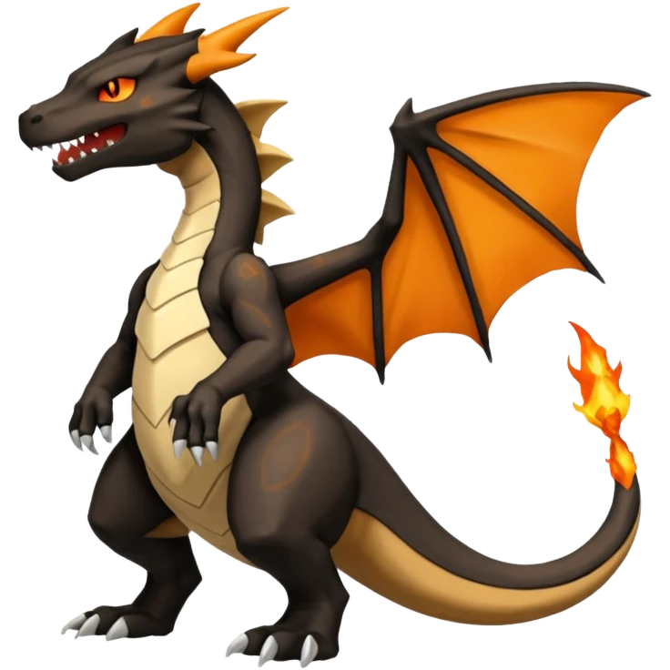 Magmatic fiery badass cool obsidian-Black and golden-orange Helioptile-Marowak-Charizard-Fakémon-hybrid-creature (full body)  emoji