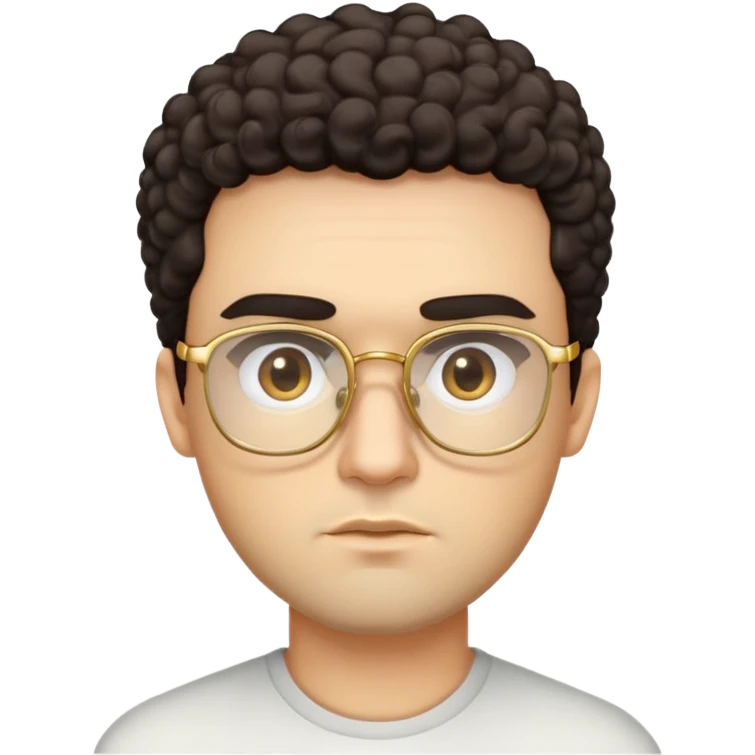 Man with square face, thick straight eyebrows, short curly dark hair, light facial scruff, serious neutral expression, wearing large square golden glasses emoji