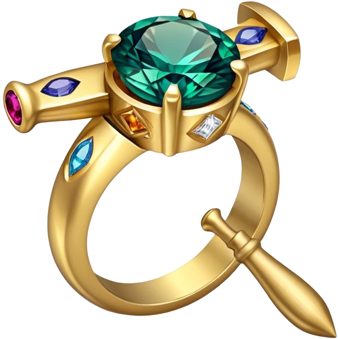 Create a bright and eye-catching emoji symbolizing jewelry craftsmanship and the art of making jewelry. Include a sparkling gemstone, a delicate ring, and tools like a hammer or chisel. The design should be elegant, with fine details and a luxurious feel, representing the precision and artistry of jewelry making. Use vivid colors like gold, silver, and deep jewel tones for the gemstone. Ensure the icon has a transparent background. emoji
