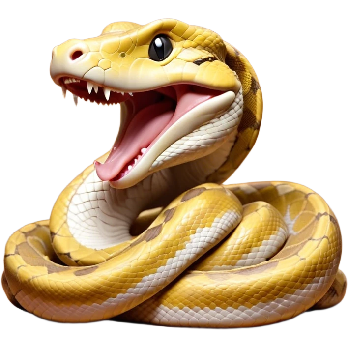 Cinematic Cute Yawning Python Portrait Emoji, Head tilted slightly with a dramatic, wide-open yawn, showcasing a sinuous, scaled form with drowsy, half-closed eyes and an open, relaxed mouth, Simplified yet irresistibly adorable features, highly detailed, glowing with a soft, cozy earthy glow, high shine, relaxed yet expressive, stylized with a dash of whimsical reptilian charm, soft glowing outline, capturing the essence of a drowsy yet affectionate python that appears ready to stretch out for a nap! emoji