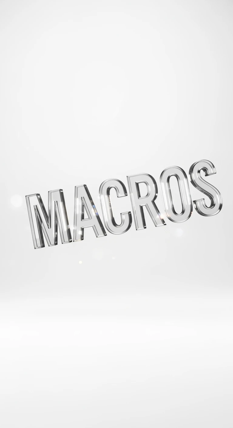 le parole "macros" fluttuano in aria, sfondo bianco emoji