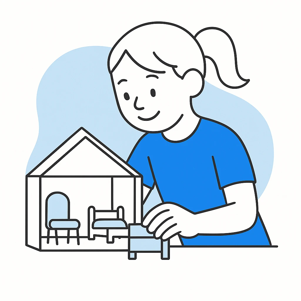 smiling girl arranging furniture in doll house emoji
