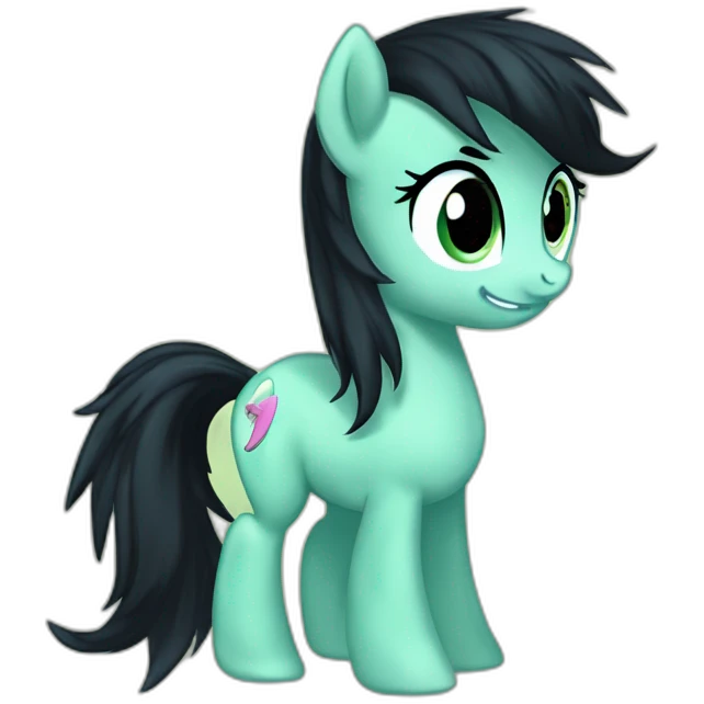 filly from equestria with a green coat and a black dishevelead mane and tail with a cutie mark with a cutie mark emoji