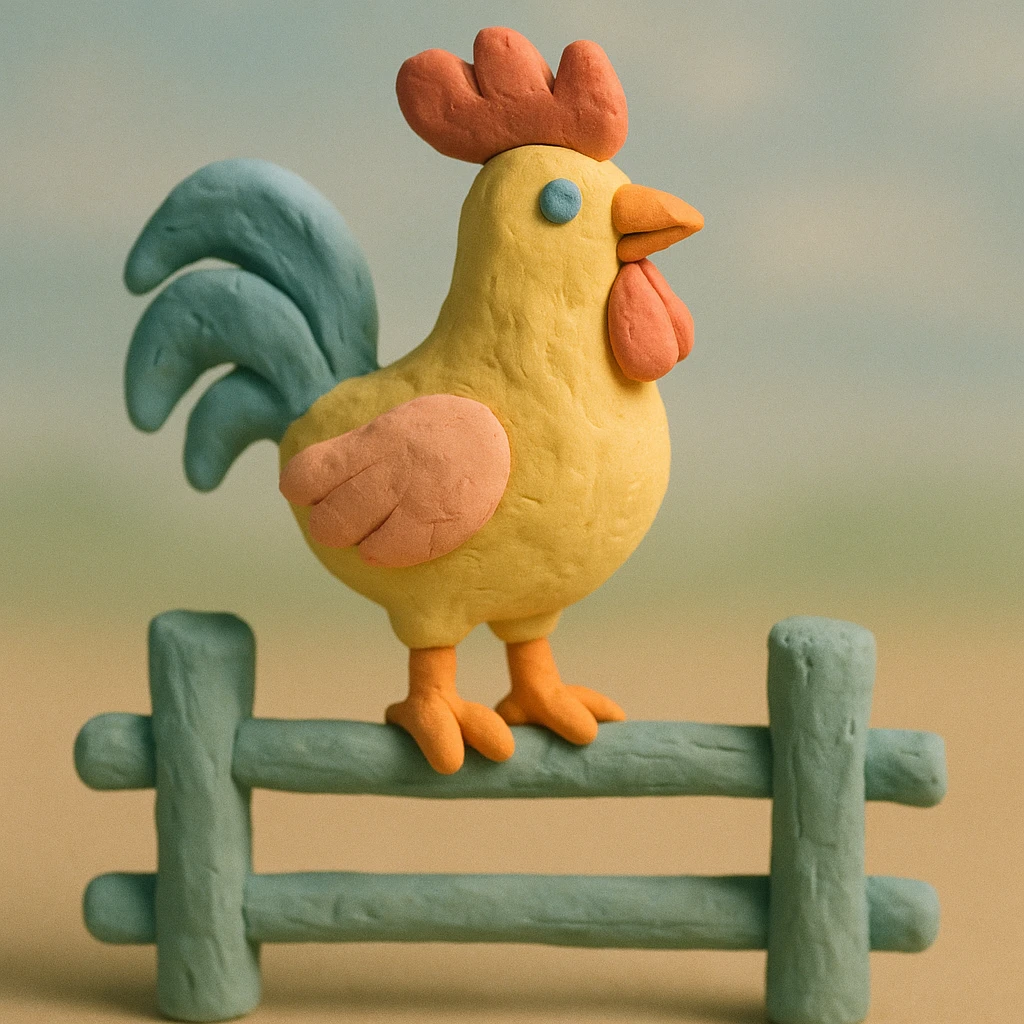rooster standing on a fence, pastel colors, visible fingerprints, playful and textured in claymation style emoji