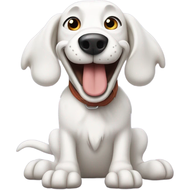 White goofy dog lying on back with teeth out emoji