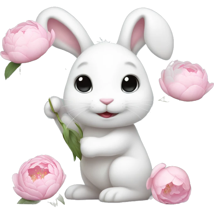 cute white bunny holding light pink peonies emoji