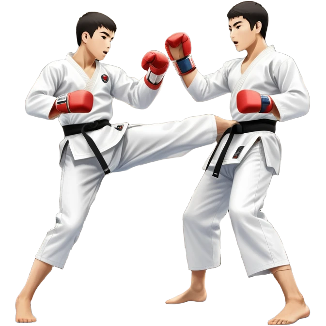 Two taekwondo fighters in traditional white doboks with black belts. One delivers a powerful kick, while the other defends by blocking with his knee. The background shows a professional arena with bright lights and an excited crowd. Transparent background highlights the intense action emoji