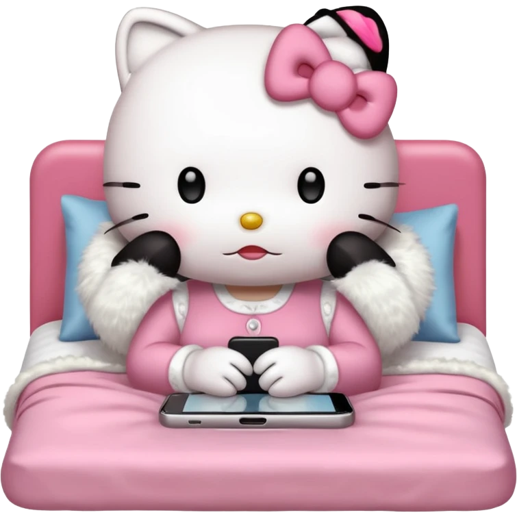 hello kitty without a mouth tucked into bed and using her phone emoji