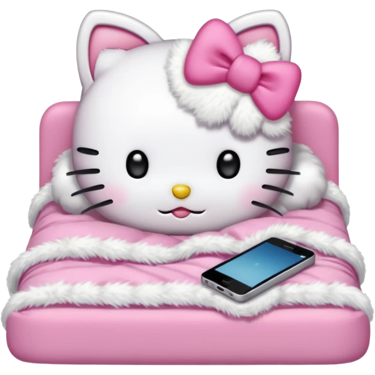 hello kitty tucked into bed on her phone emoji