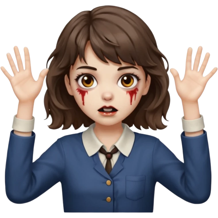 Cabelo ondulado  um pouco cheio e franja curta  Olhos marrons e pequenos e feita d ezumbi mais bonita com cabelo amarro na e com as mãos assim tipo assim🧟‍♀️ emoji