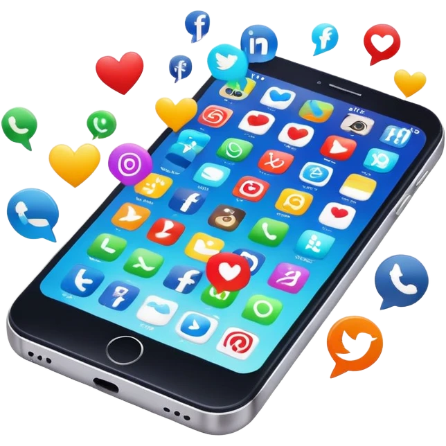 smartphone with social media icons popping out of the screen emoji