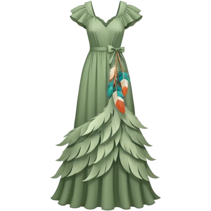 Sage green long dress with ruffles and feather  emoji
