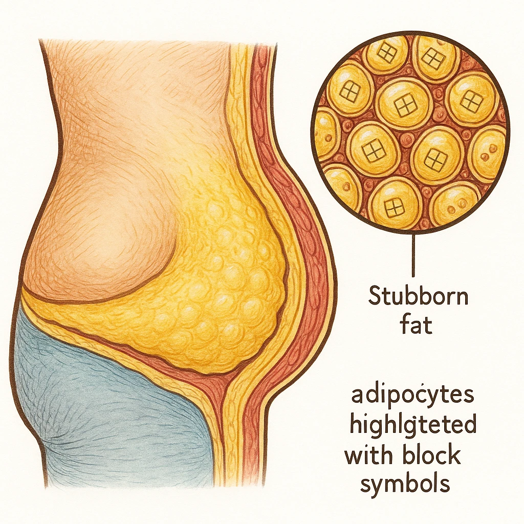 belly with stubborn fat, anatomical illustration, cellular details, adipocytes highlighted with block symbols, white background emoji