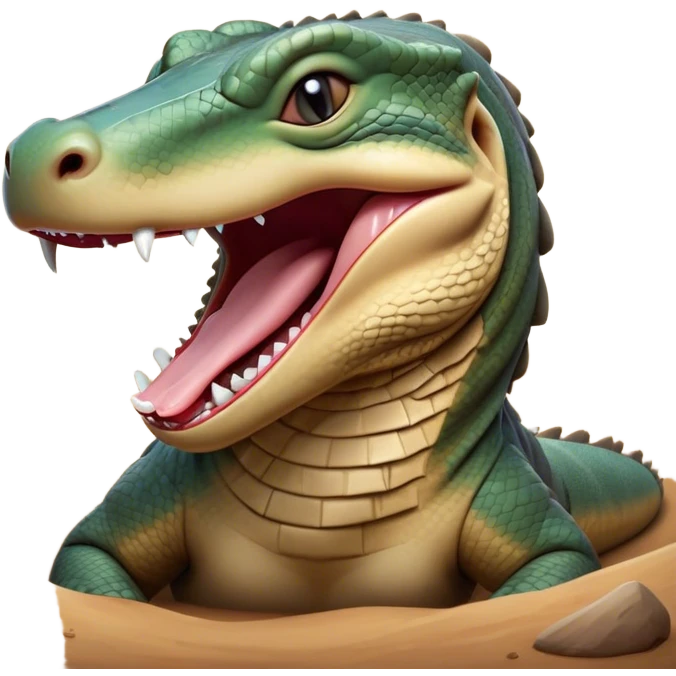 Cinematic Realistic Cute Yawning Komodo Dragon Portrait Emoji, Head tilted slightly with a dramatic, wide-open yawn, showcasing a soft, rugged scaled hide with subtly drooping features and half-closed, drowsy eyes rendered in authentic detail, high shine, relaxed yet expressive, styled with a dash of natural desert charm, soft glowing outline, capturing the essence of a sleepy yet affectionate Komodo dragon that appears ready to stretch out for a deep, restful nap! emoji