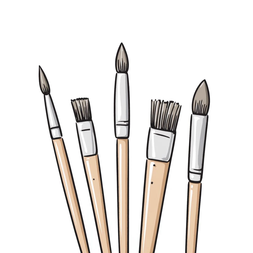 A set of artist paintbrushes in different sizes and shapes with wooden handles in pastel colors (dd9fb0, ffc6d3, a3bfc9, c4bee2, f1b091), hand-drawn doodle style emoji