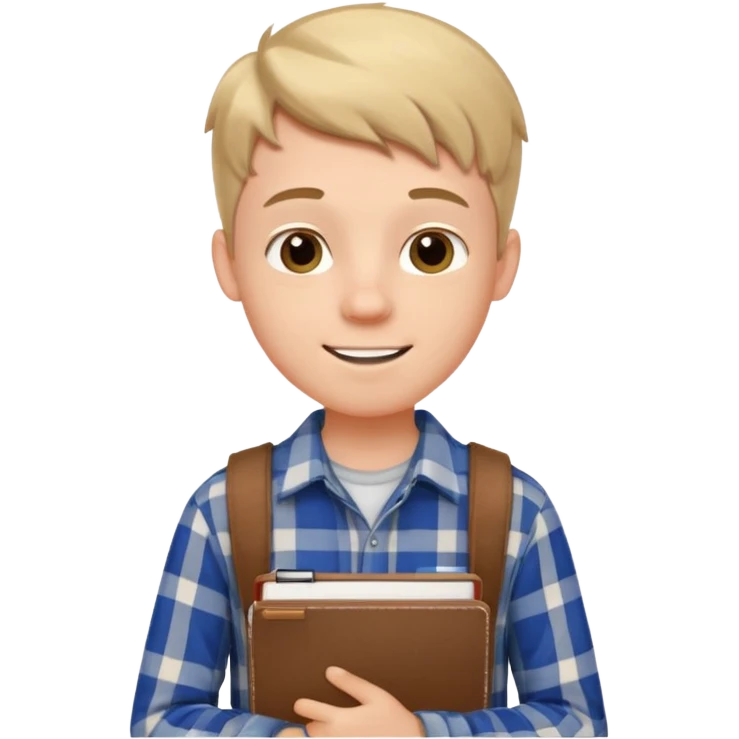 white teenage boy student, cheerful, wearing a plaid shirt, holding a notebook emoji