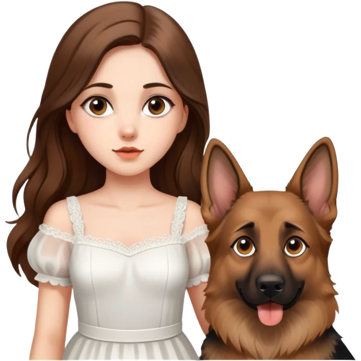 A beautiful girl with big eyes, fair skin, long brown hair with white dress and a German Shepherd dog emoji