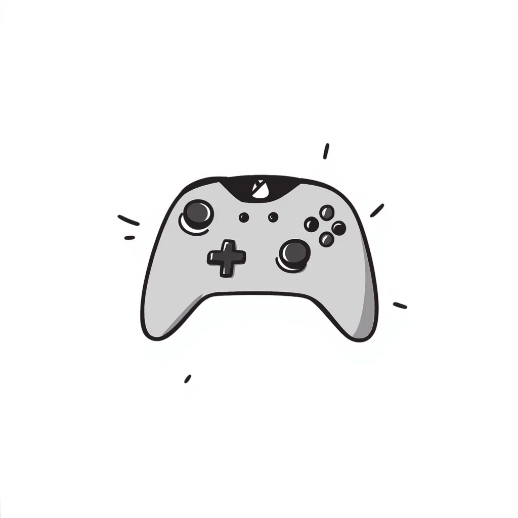 A modern gamepad controller with dual analog sticks and multiple buttons in pastel colors (dd9fb0, ffc6d3, a3bfc9, c4bee2, f1b091), hand-drawn doodle style emoji