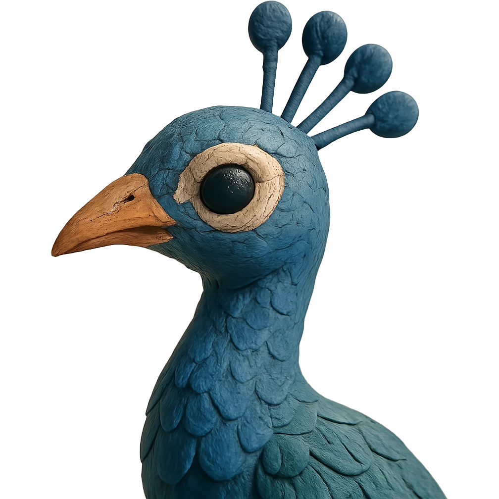 close-up of a peacock's head and neck, soft lighting, detailed feathers, claymation style emoji
