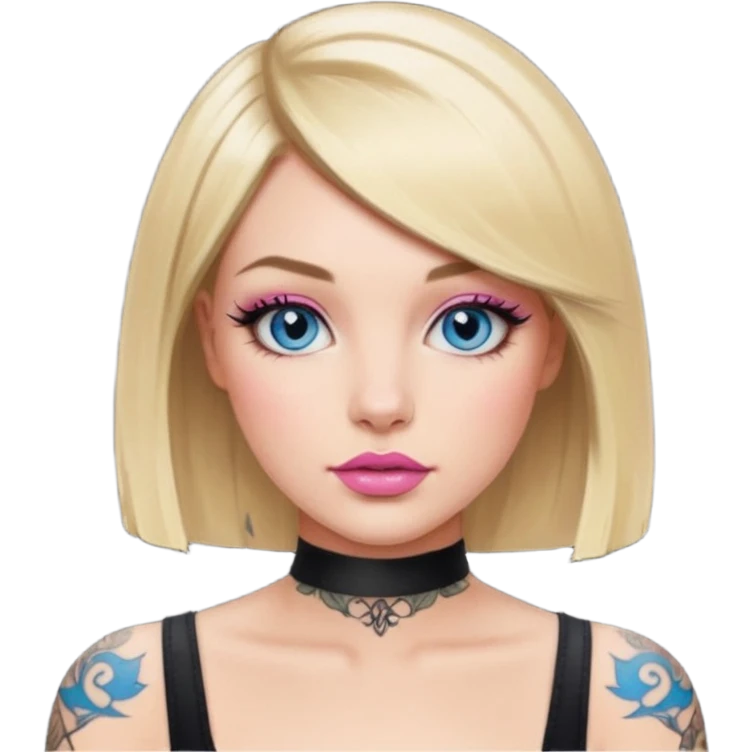 Woman, Blonde hair Medium blunt bob, blue eyes, makeup Smokey lid with doe lashes, pink lips, tattoo on arms, wearing black emoji