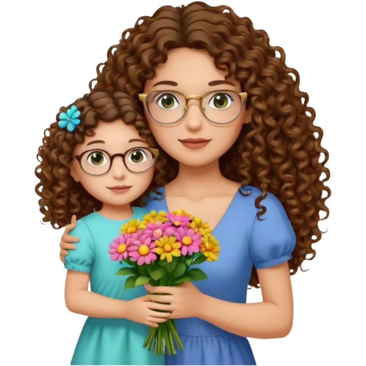 light skinned brunette long curly haired woman with green/hazel eyes framed with large round gold rimmed glasses holding big bright bunch of flowers with one hand and young kindergarten age daughter's hand (also with long brown curly hair) in other. White background. emoji