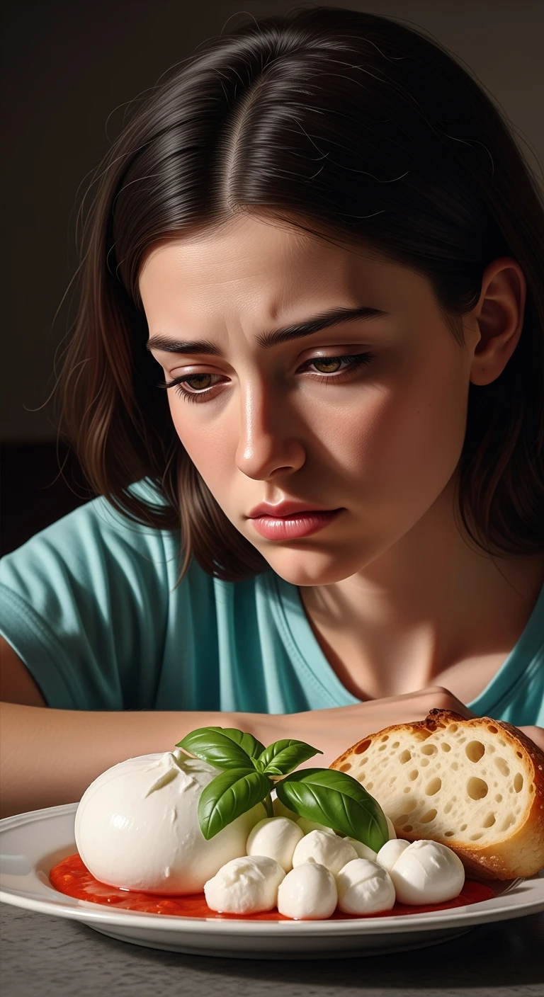donna con espressione triste davanti ad un piatto di cibo con mozzarella e pane, iperrealistico 4k emoji