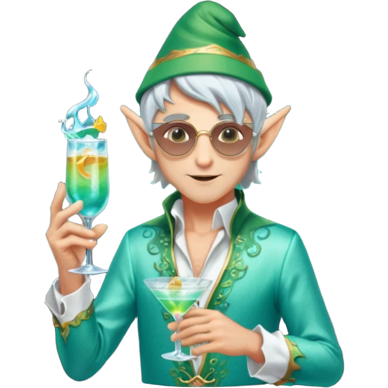 elf male bartender, flowing silver hair, pointy ears, unbuttoned iridescent silk shirt, summoning swirling glowing cocktail (teal and silver) in crystal flute with finger, moonlit beach backdrop, centered emoji, ethereal summer night, sticker style emoji