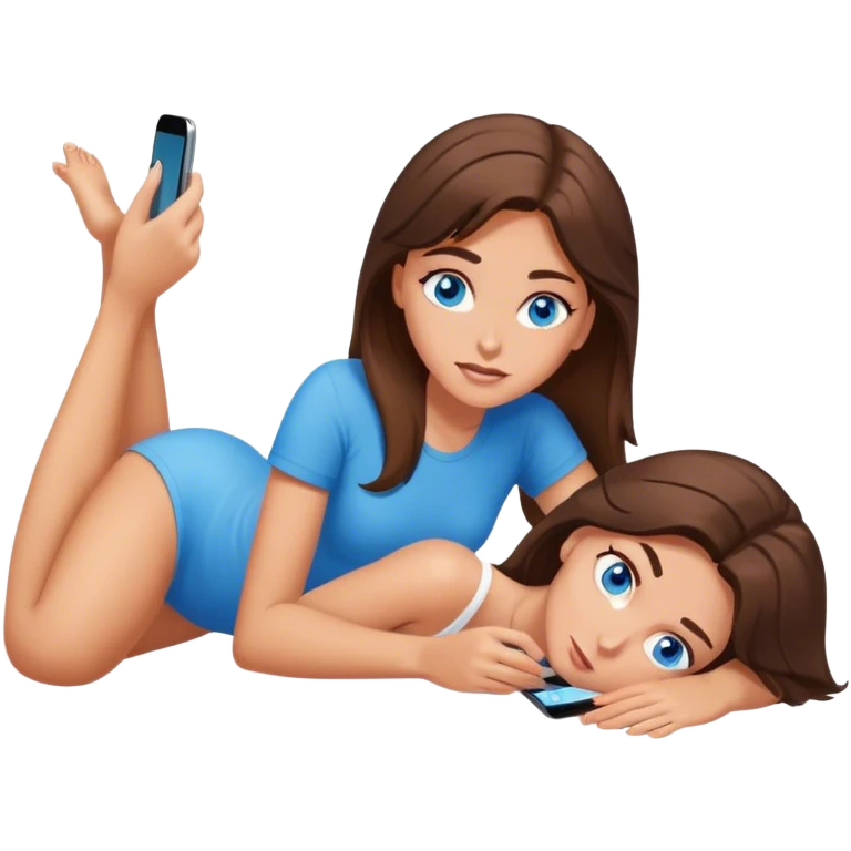 White girl brunett blue eyes laying on stomach using her phone  emoji