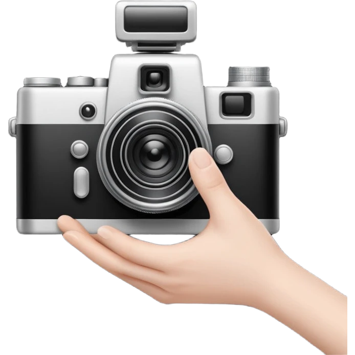 Minimalist emoji-style sticker of a photo camera ejecting a photo, but a hand comes out instead. Black and white, surreal icon.
 emoji
