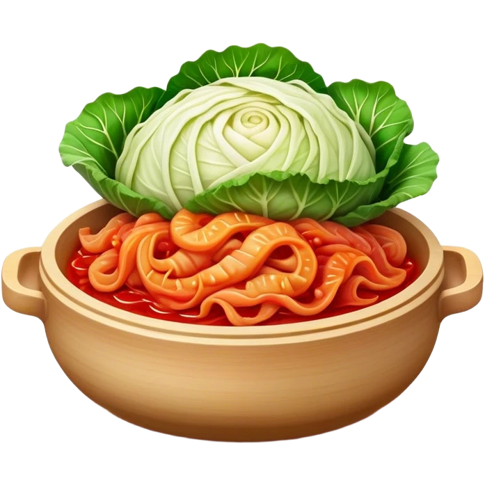 Cinematic Realistic Kimchi Dish Emoji, depicted as a vibrant fermented cabbage dish with a spicy kick rendered with detailed textures and dynamic, appetizing lighting. emoji