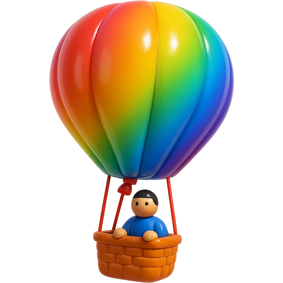 hot air balloon with a basket and a person riding in it, simple and colorful emoji
