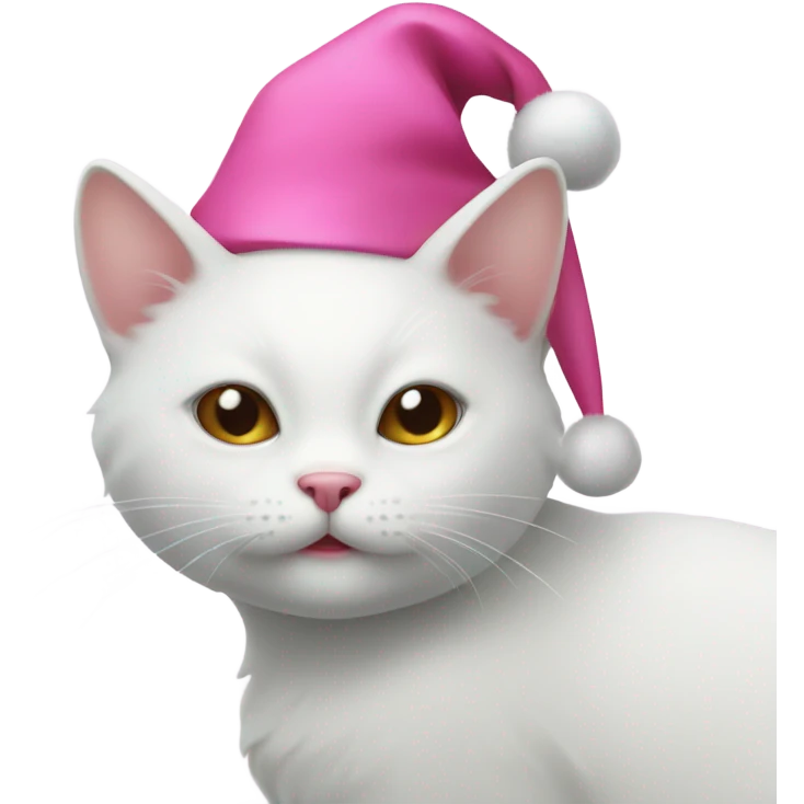 White cat with a pink nose wearing a Santa hat emoji