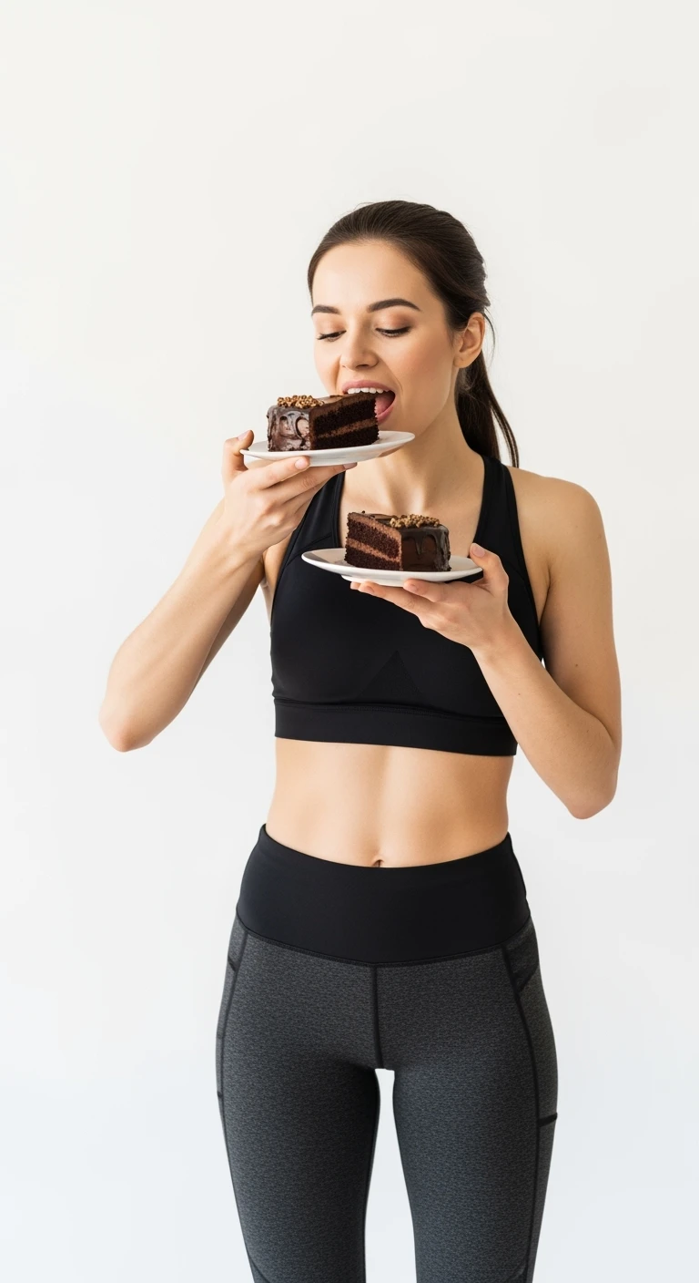 donna fitness con pancetta che mangia due fette di torta affamata, isolata su sfondo bianco emoji
