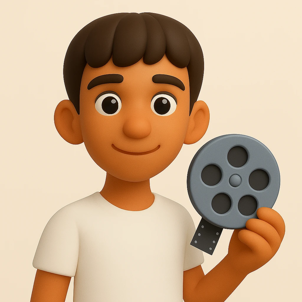 Make the man in the image slimmer and give him a kind face, while keeping the 3d-emoji style and retaining the cinema symbol in his hands. The style should resemble Microsoft style 3d fluent emojis. emoji