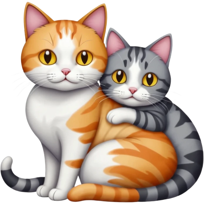 full body colourful light patched calico + white tabby cat cuddling a big dark grey and white tabby cat  emoji
