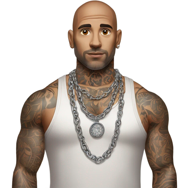 Full body image  of a Man with tattoos, brown hair and grey highlights, thick silver Cuban necklace that has big wide eyes looking to the side curiously emoji
