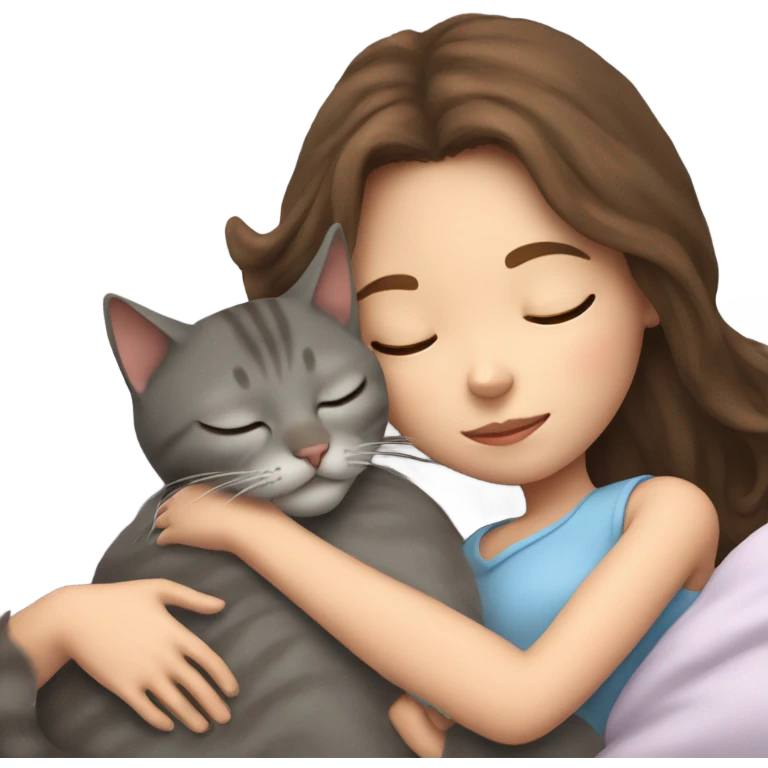 A Girl with Brown hair is sleeping with her grey cat in her arm emoji