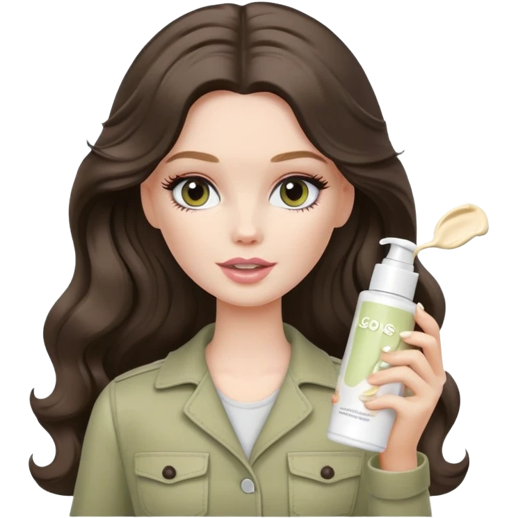 white Barbie girl with long wavy dark brown hair in pale olive clothes applying cream on face emoji