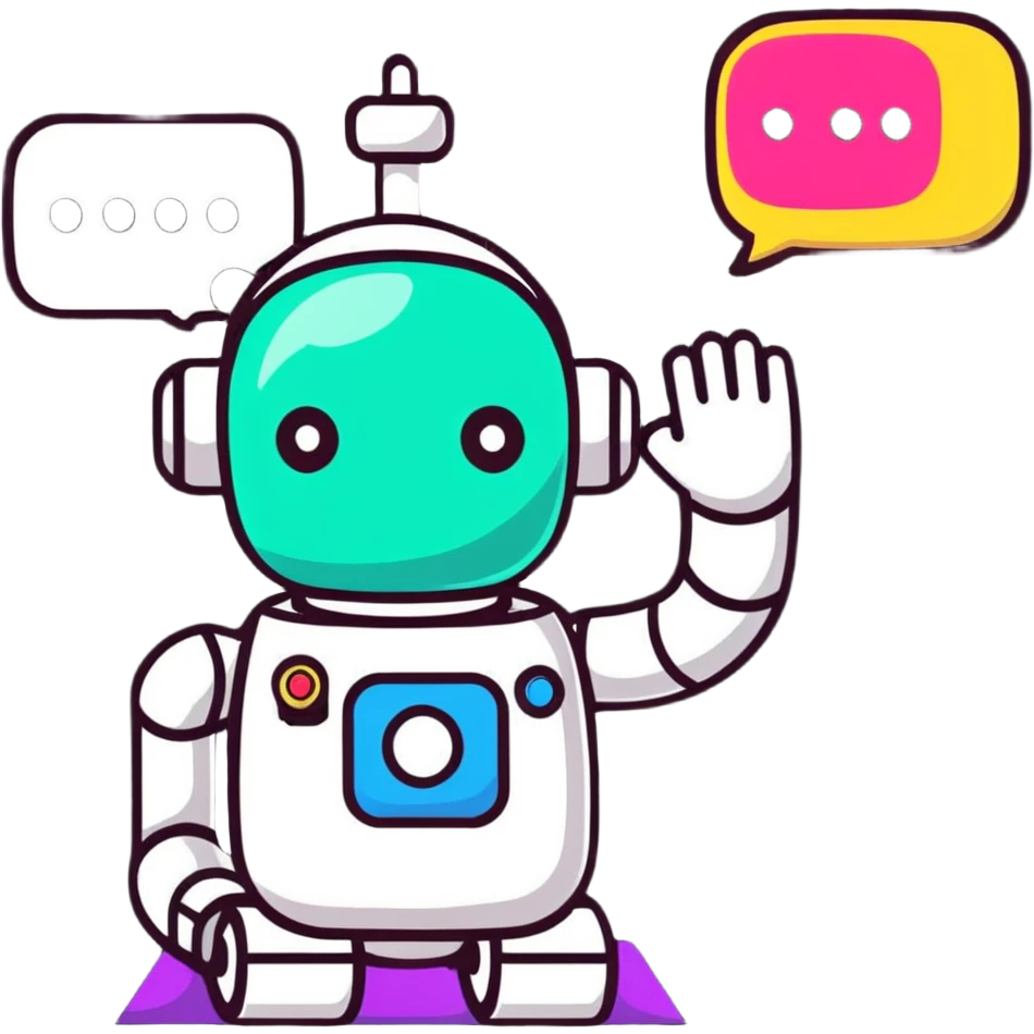 NLP sticker with robot analyzing text and language patterns, colorful speech bubbles emoji
