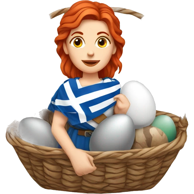 Greek Female winter mountaineer red hair white skin climbing with Greek Flag and Easter eggs basket emoji