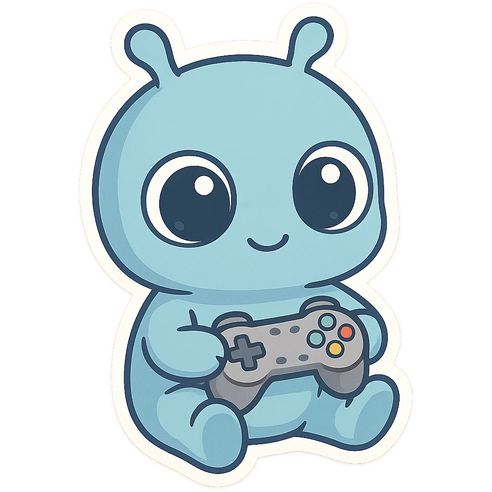 a little blue alien with gouty eyes holding a video game controller  emoji