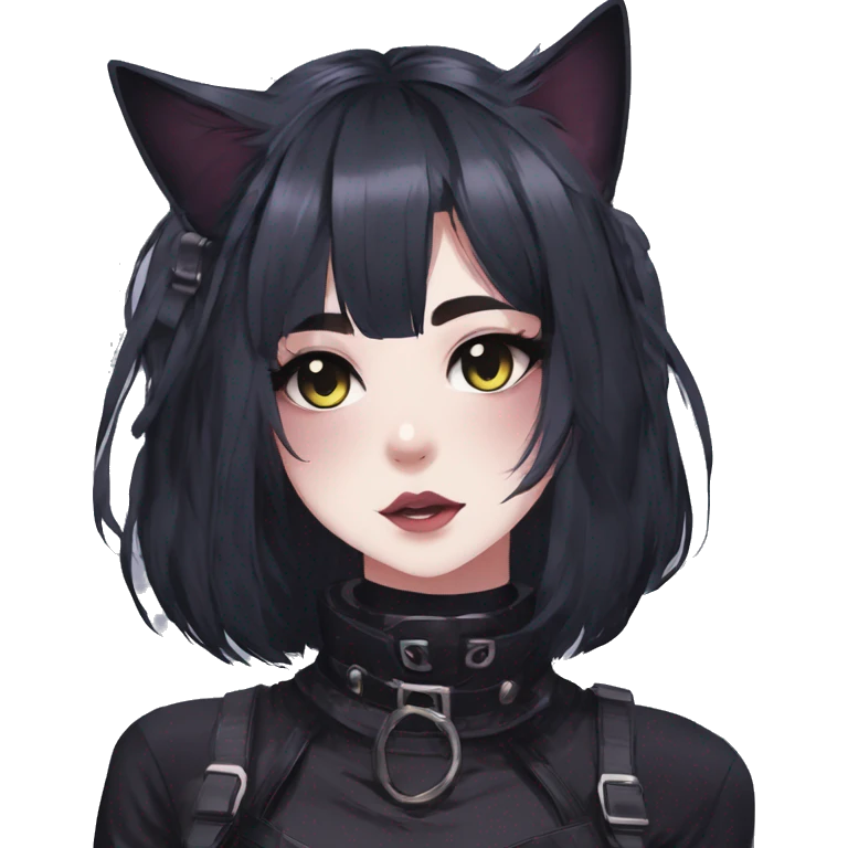 Gorgeous gothic dark techwear anime style anthro black cat with blushing face aesthetic and pretty edgy black with collar and harness trending style emoji
